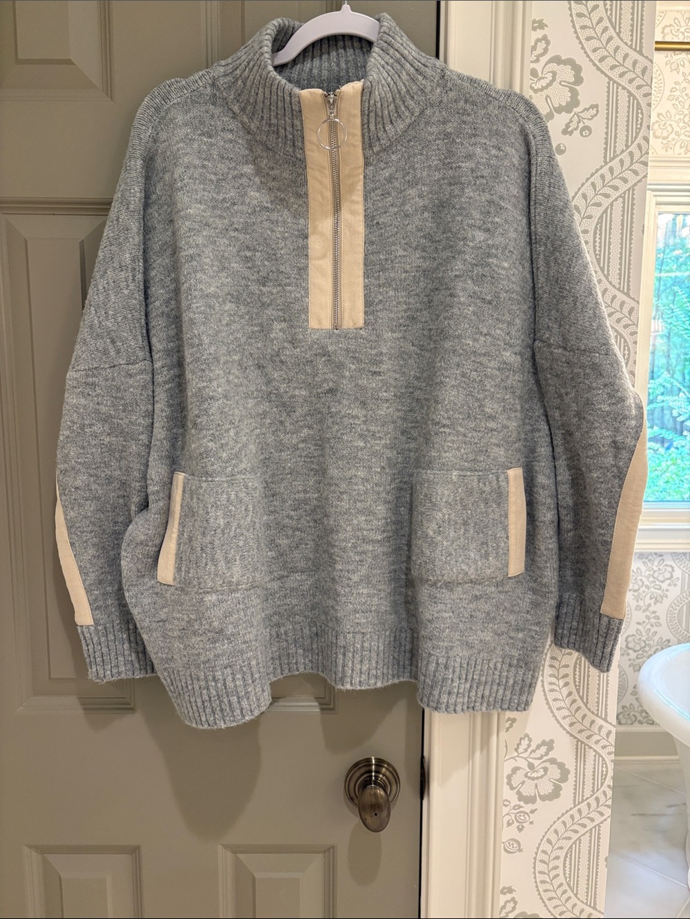 THML Gray oversized Pullover Sweater with Cream Trim